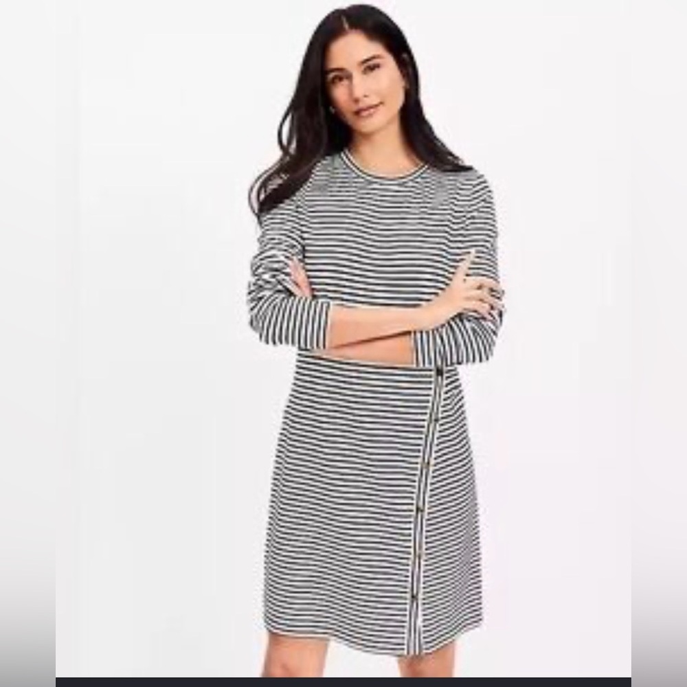 LOFT Navy White Striped Knit Dress Side Button Detail Small